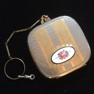 Unusual Antique Rose Enamel Compact with Chain